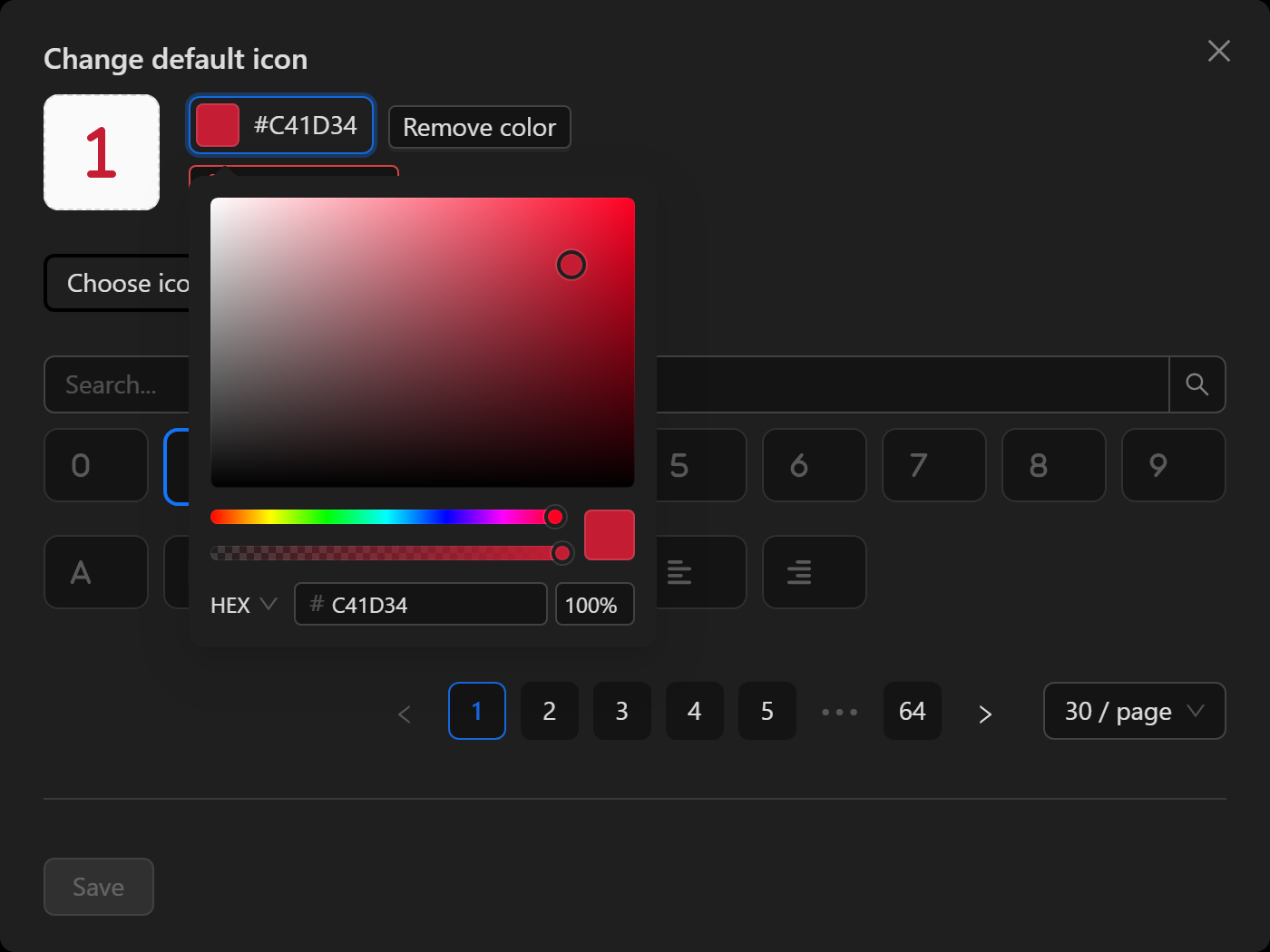 Selector de color con paleta, HEX y opacidad