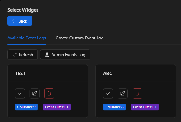 Pestaña Available Event Logs con los logs guardados