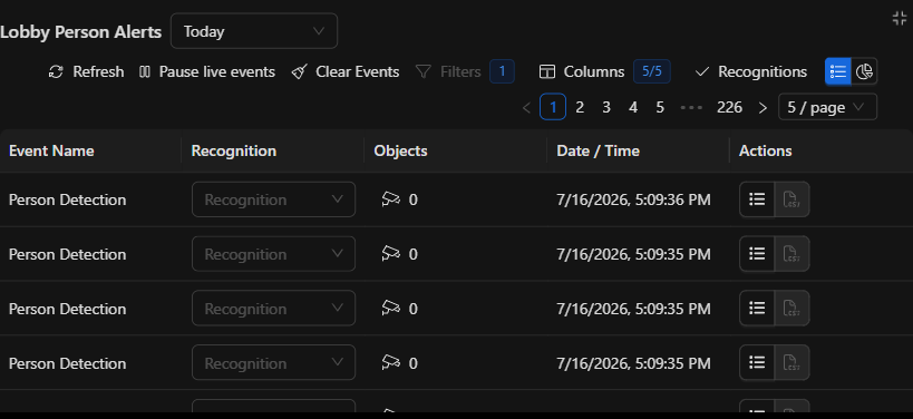El log personalizado mostrando solo eventos Person Detection