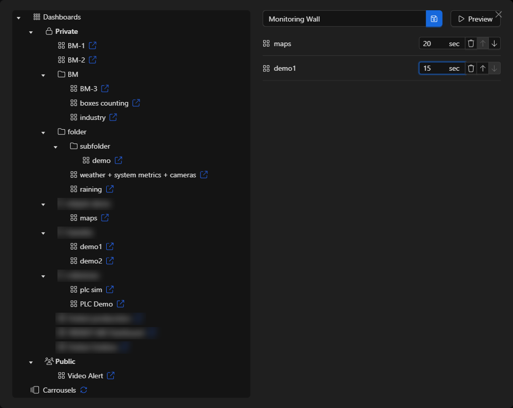 Carousel creation screen with two dashboards added