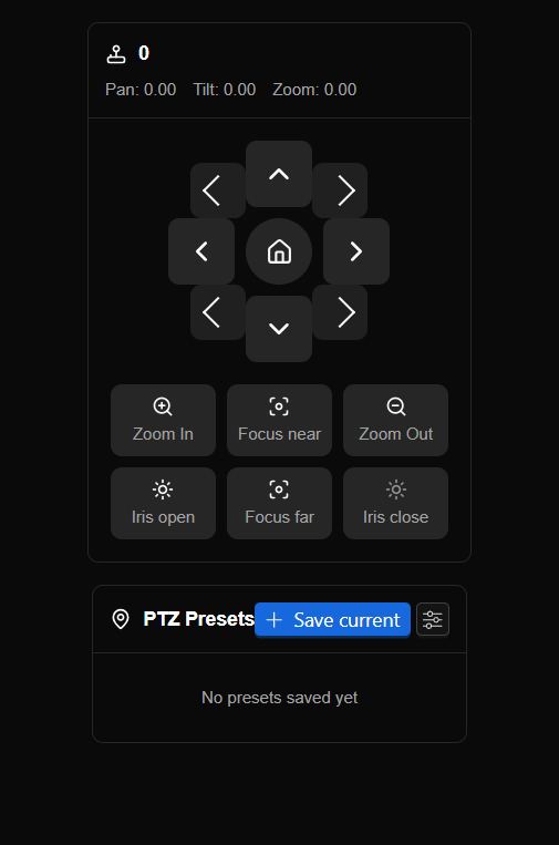 PTZ control with D-pad, zoom, focus, iris and presets