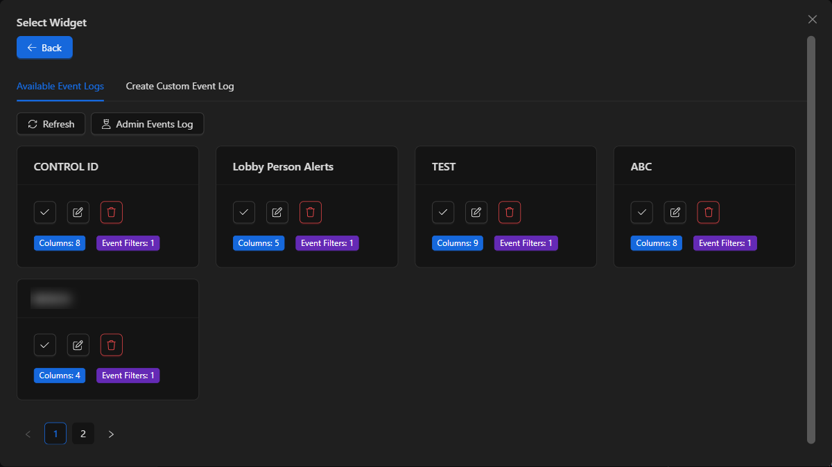 Selector of available event logs