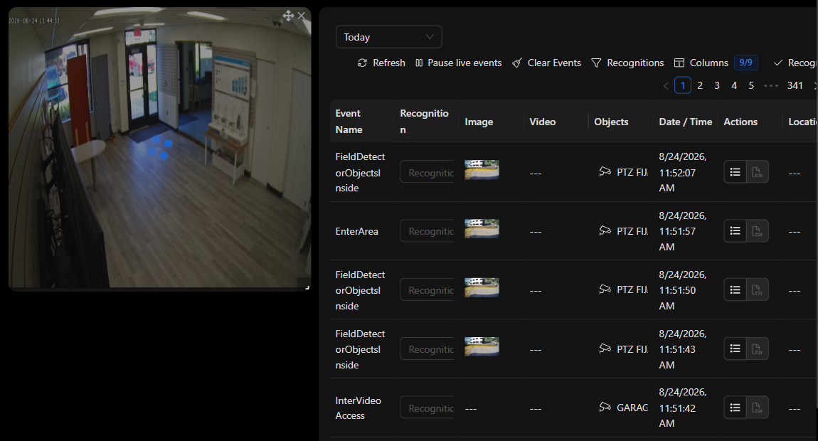 Monitoring station: live video on the left, event log on the right