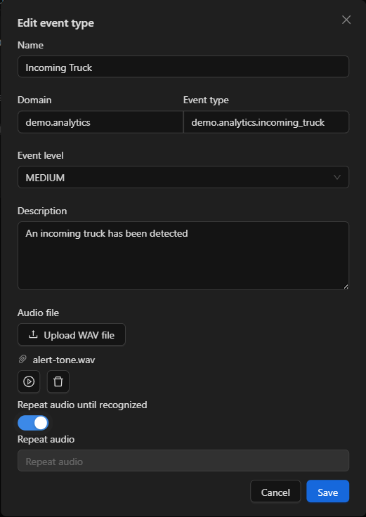 Event type with audio loaded and repeat-until-recognized enabled