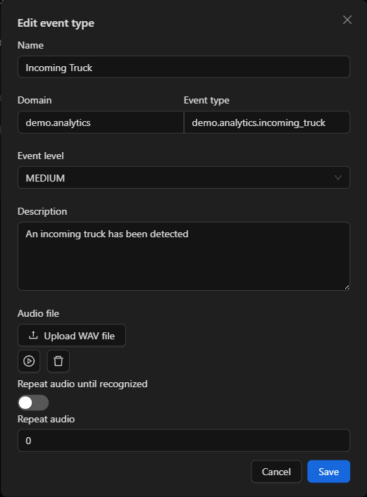 Event type record with the Audio file section