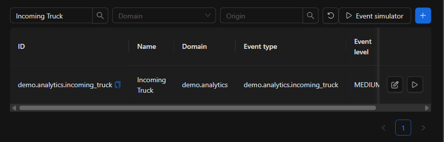 Event type catalog, filtered by name