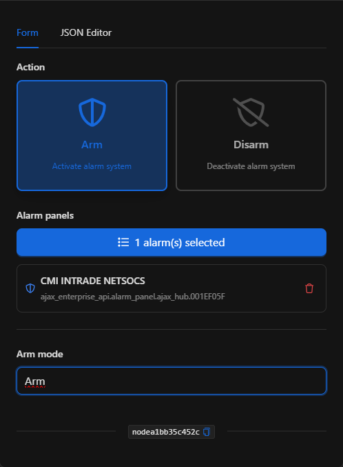 Formulario configurado del nodo Alarma