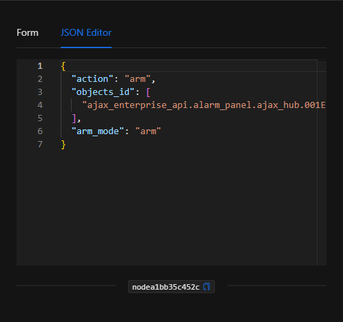 Vista JSON Editor del nodo Alarma
