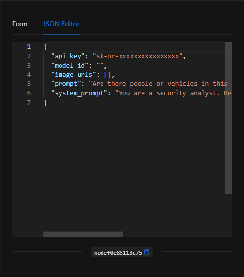 Vista JSON Editor del nodo Analizar imagen con IA