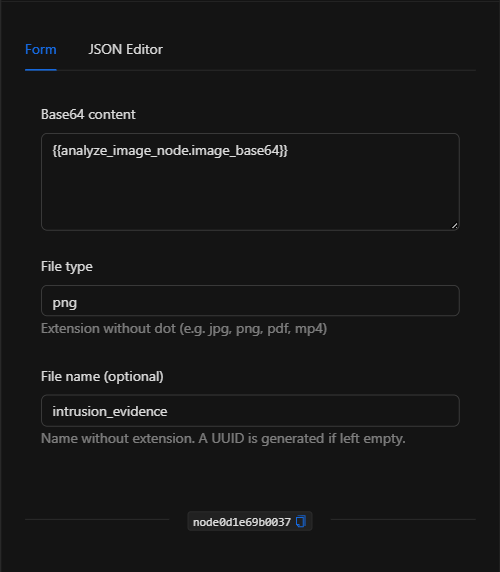 Formulario configurado del nodo Base64 a archivo