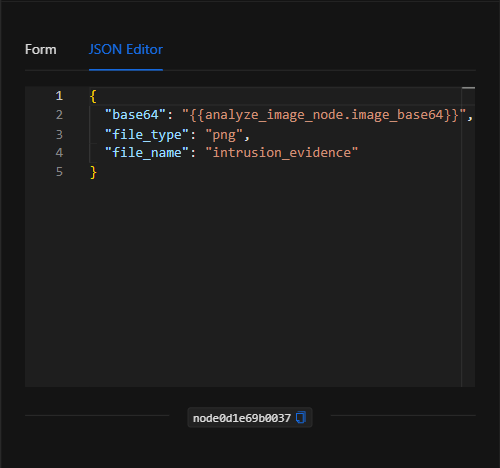 Vista JSON Editor del nodo Base64 a archivo