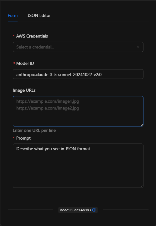 Configuración vacía del nodo AWS Bedrock