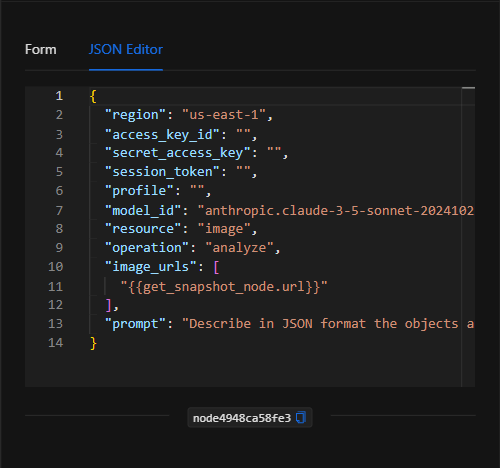 Vista JSON Editor del nodo AWS Bedrock