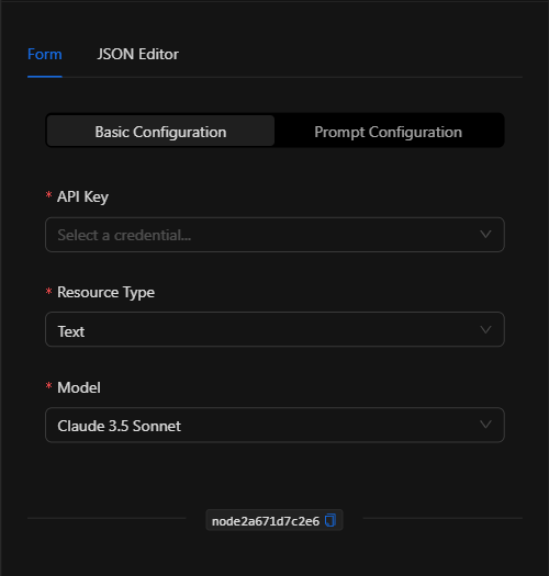 Configuración básica vacía del nodo Claude
