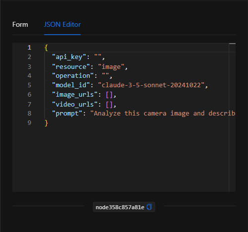 Vista JSON Editor del nodo Claude