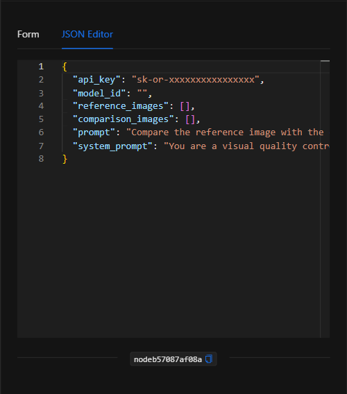 Vista JSON Editor del nodo Comparar imágenes con IA