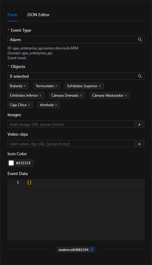 Formulario configurado del nodo Despachar evento