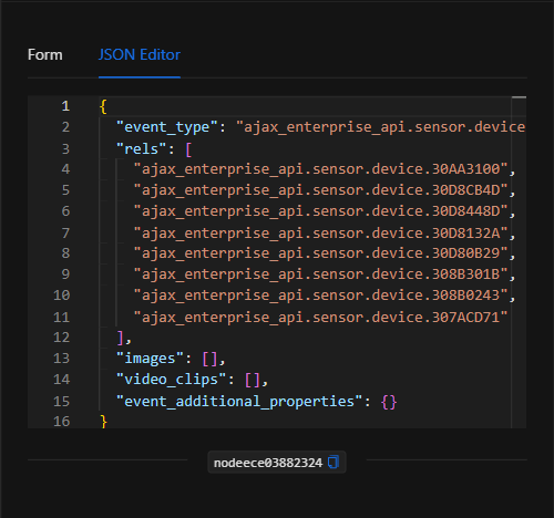 Vista JSON Editor del nodo Despachar evento