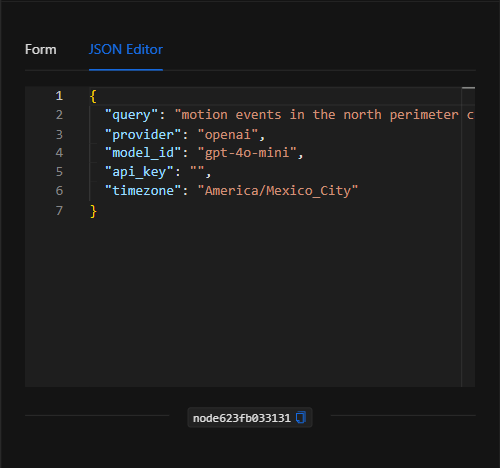 Vista JSON Editor del nodo Búsqueda natural de eventos