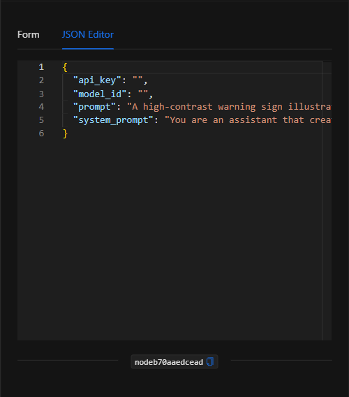 Vista JSON Editor del nodo Generar Imagen con IA
