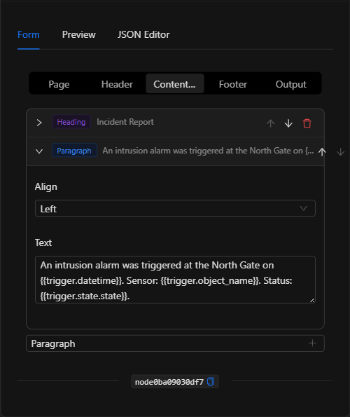 Sección Content configurada del nodo Generar PDF