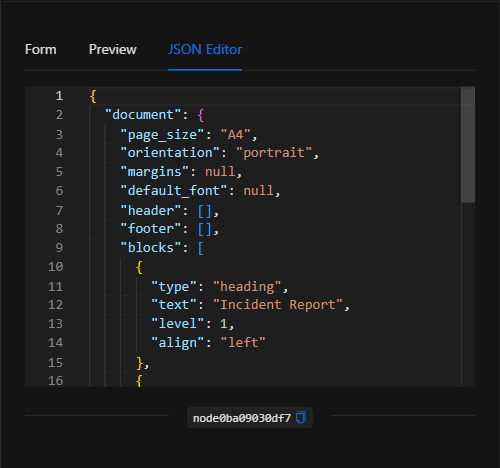 Vista JSON Editor del nodo Generar PDF