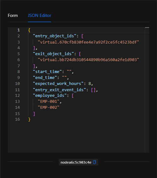 Vista JSON Editor del nodo Obtener horas trabajadas