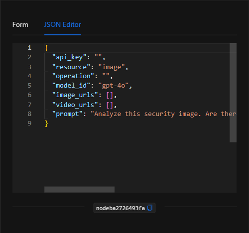 Vista JSON Editor del nodo GPT