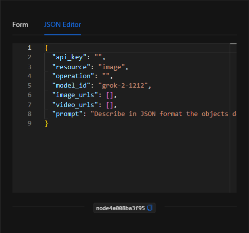 Vista JSON Editor del nodo Grok