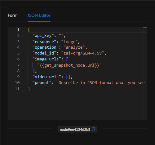 Vista JSON Editor del nodo Hugging Face