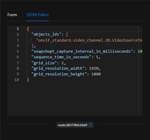 Vista JSON Editor del nodo Secuencia de imágenes