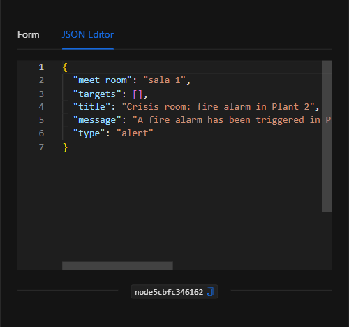 Vista JSON Editor del nodo Invitar a reunión