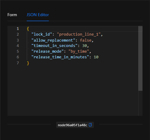Vista JSON Editor del nodo Bloqueo de Flujo