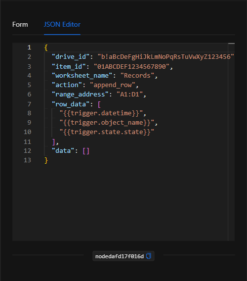 Vista JSON Editor del nodo Microsoft Excel