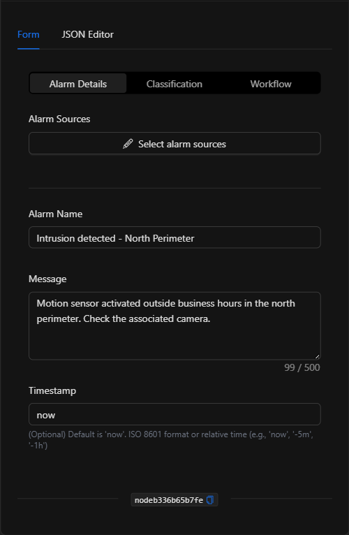 Formulario configurado del nodo Despachar alarma en Milestone