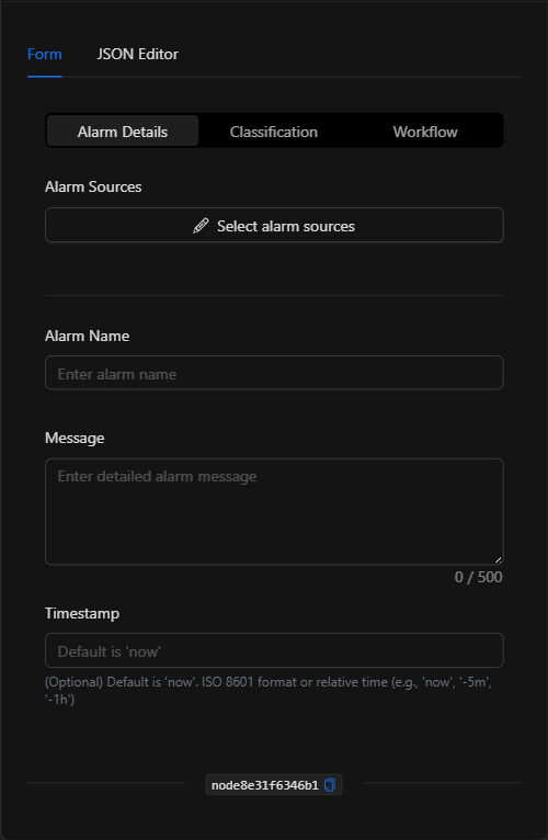 Configuración vacía del nodo Despachar alarma en Milestone (Alarm Details)