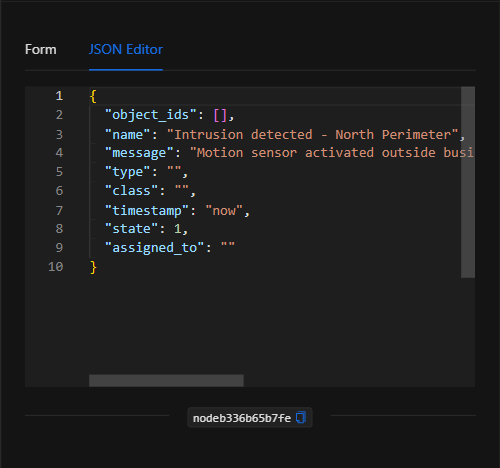 Vista JSON Editor del nodo Despachar alarma en Milestone