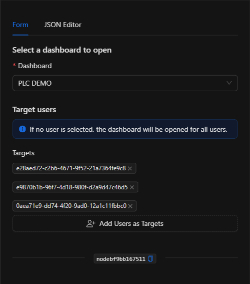 Formulario configurado del nodo Abrir dashboard