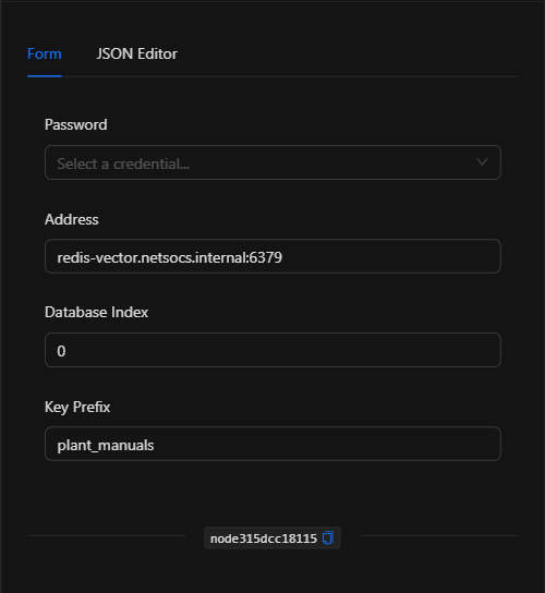 Formulario configurado del nodo Redis Vector DB