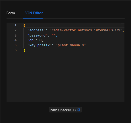Vista JSON Editor del nodo Redis Vector DB