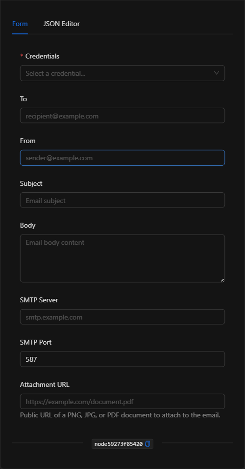Configuración vacía del nodo Enviar correo