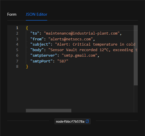 Vista JSON Editor del nodo Enviar correo