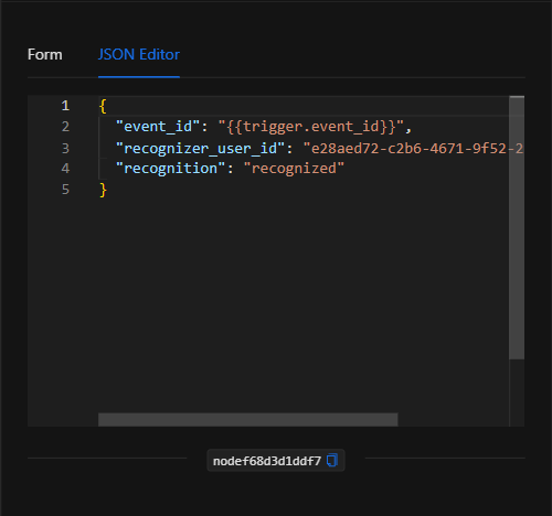 Vista JSON Editor del nodo Establecer reconocimiento de evento