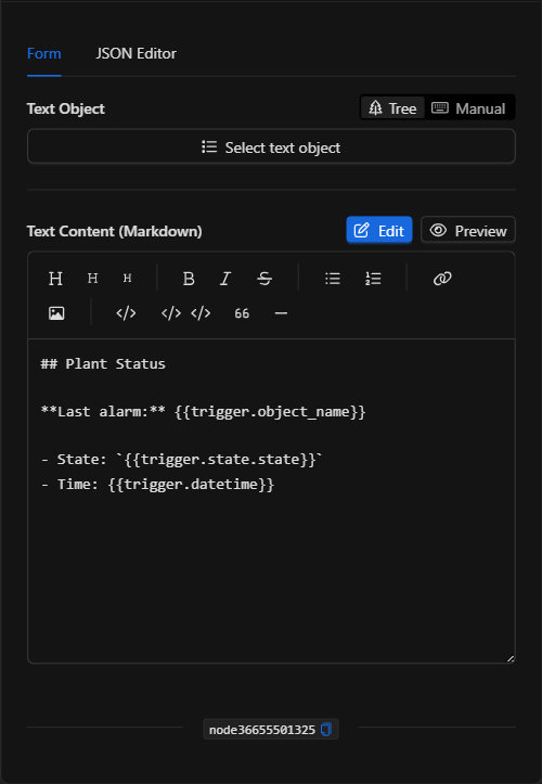 Formulario configurado del nodo Establecer texto