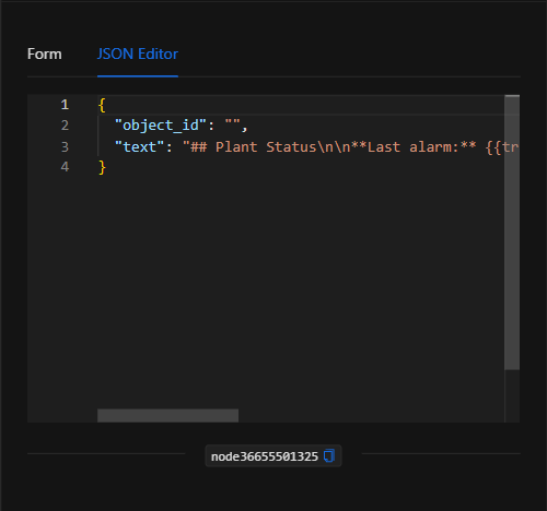 Vista JSON Editor del nodo Establecer texto