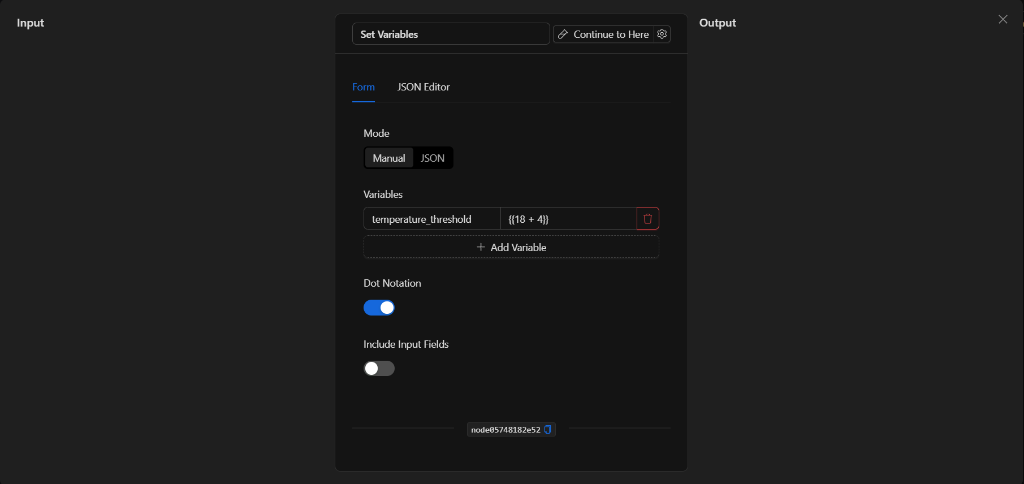 Formulario configurado del nodo Establecer variables