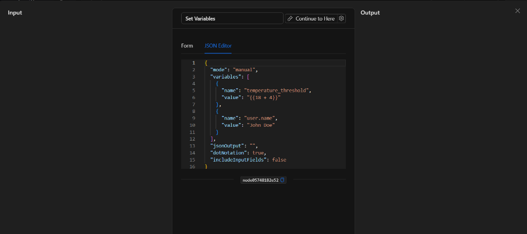 Pestaña Editor de JSON en Establecer variables