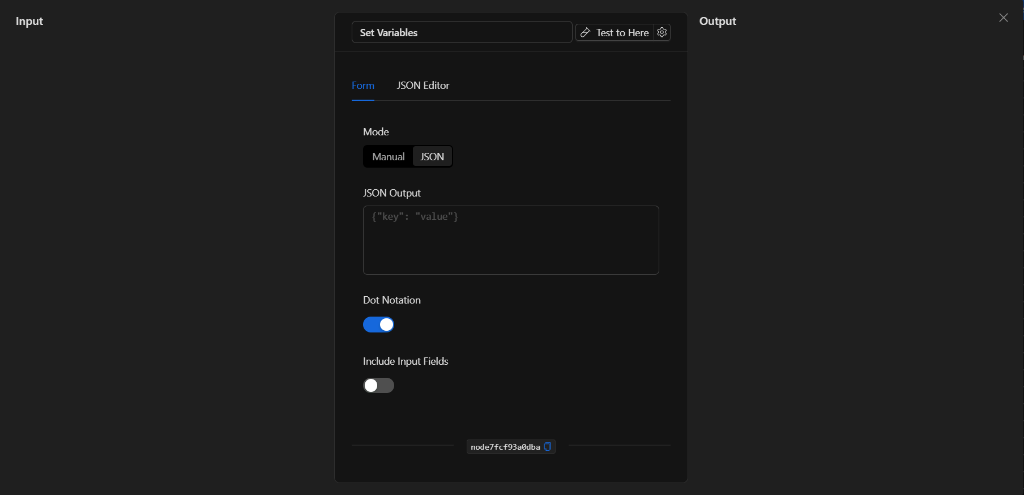 Modo JSON de configuración del nodo Establecer variables
