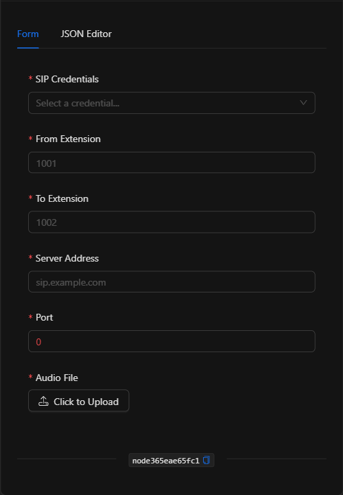 Configuración vacía del nodo Llamada SIP
