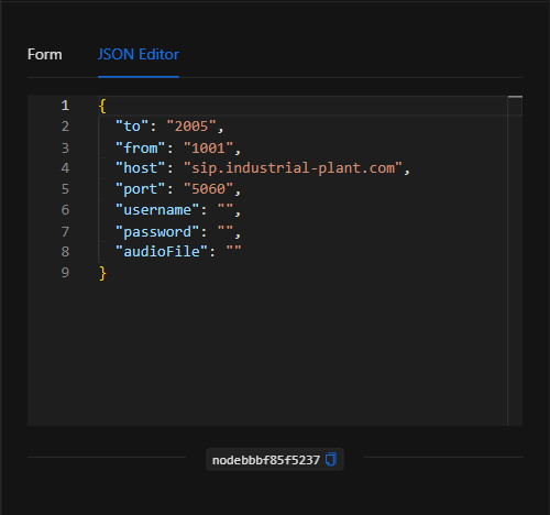 Vista JSON Editor del nodo Llamada SIP